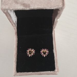 Heart-Shaped Gold and Pink Stud Earrings